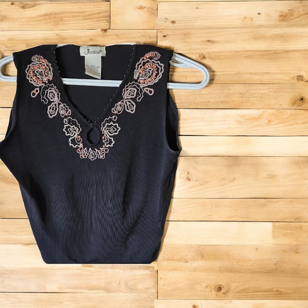 Jessica Black Sleeveless Top with Embroidered Accents
